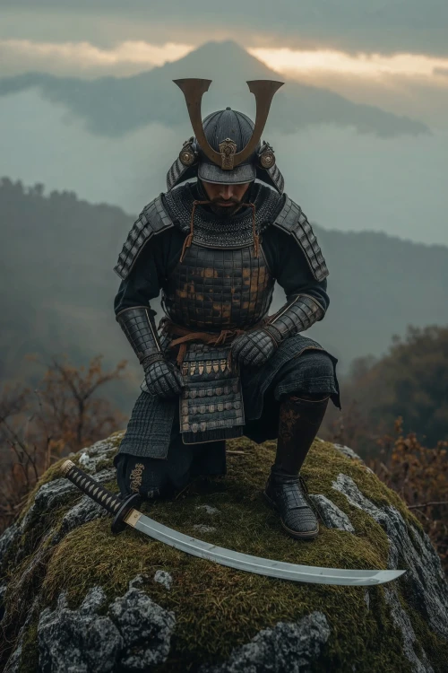 honor-ostrza-samuraj-na-szczycie-gory-obraz-na-alu.webp